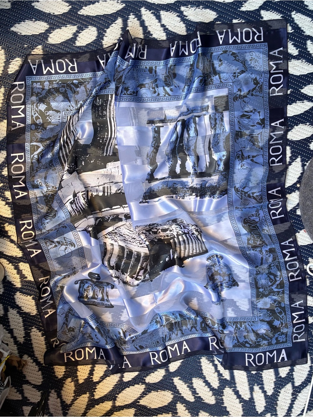 Roma Navy and Light Blue Graphic Silk-Feel Scarf